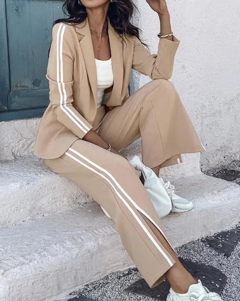 2 Piece Contrast Paneled Notched Collar Long Sleeve Coat Slit Straight Pants Work Pants Set khaki
