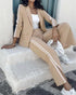 2 Piece Contrast Paneled Notched Collar Long Sleeve Coat Slit Straight Pants Work Pants Set khaki