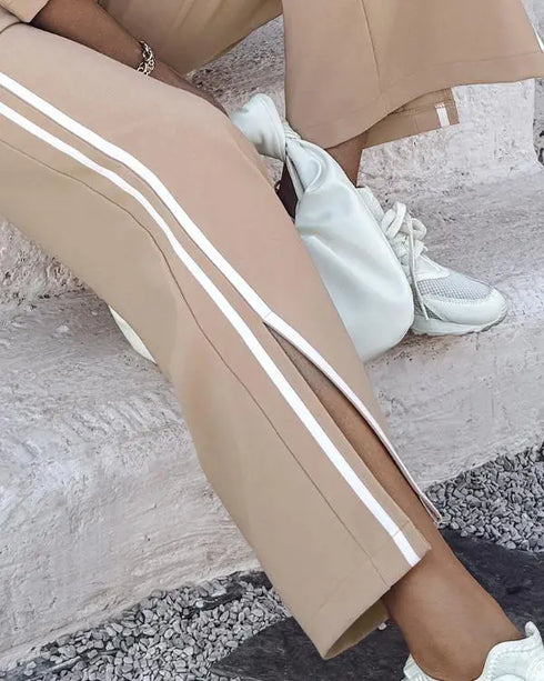 2 Piece Contrast Paneled Notched Collar Long Sleeve Coat Slit Straight Pants Work Pants Set khaki