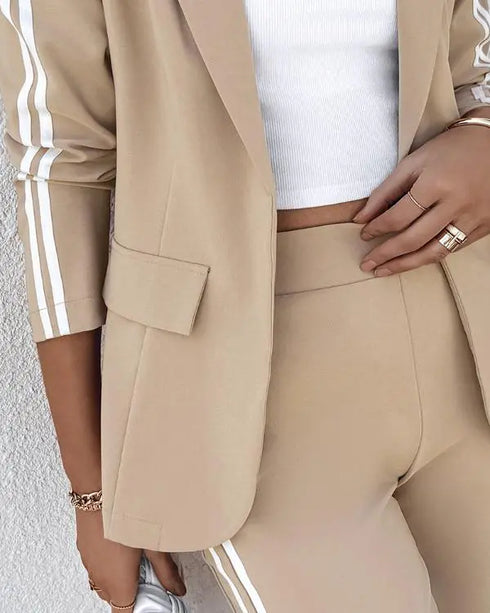 2 Piece Contrast Paneled Notched Collar Long Sleeve Coat Slit Straight Pants Work Pants Set khaki