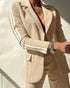2 Piece Contrast Paneled Notched Collar Long Sleeve Coat Slit Straight Pants Work Pants Set khaki