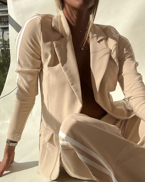 2 Piece Contrast Paneled Notched Collar Long Sleeve Coat Slit Straight Pants Work Pants Set khaki