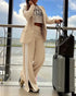 2 Piece Contrast Paneled Notched Collar Long Sleeve Coat Slit Straight Pants Work Pants Set khaki
