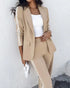 2 Piece Contrast Paneled Notched Collar Long Sleeve Coat Slit Straight Pants Work Pants Set khaki