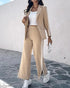 2 Piece Contrast Paneled Notched Collar Long Sleeve Coat Slit Straight Pants Work Pants Set khaki