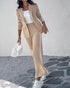 2 Piece Contrast Paneled Notched Collar Long Sleeve Coat Slit Straight Pants Work Pants Set khaki
