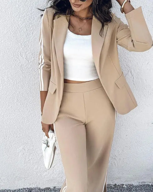 2 Piece Contrast Paneled Notched Collar Long Sleeve Coat Slit Straight Pants Work Pants Set khaki