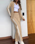2 Piece Contrast Paneled Notched Collar Long Sleeve Coat Slit Straight Pants Work Pants Set khaki