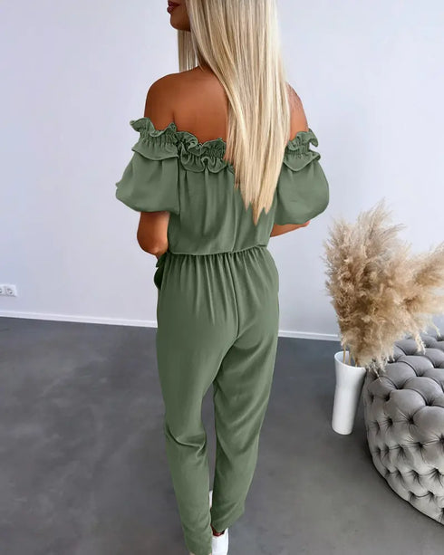 Off Shoulder Frill Hem Tied Detail Jumpsuit Army green