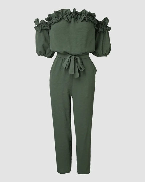Off Shoulder Frill Hem Tied Detail Jumpsuit Army green