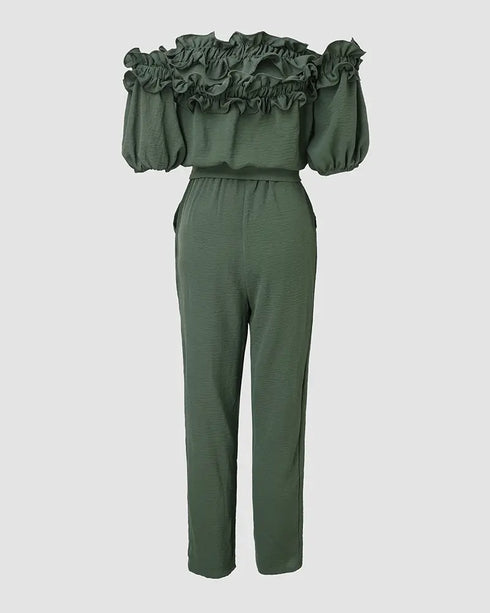 Off Shoulder Frill Hem Tied Detail Jumpsuit Army green