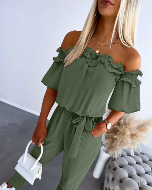 Off Shoulder Frill Hem Tied Detail Jumpsuit Army green