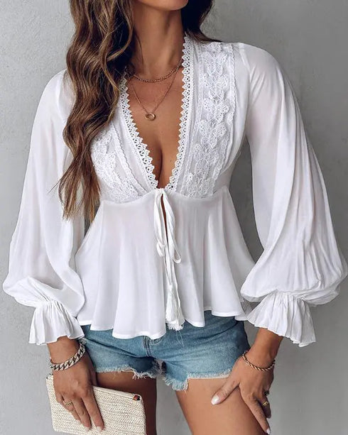 Ombre Cold Shoulder Lantern Sleeve Frill Ruffle Hem Blouse Top white