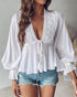 Floral Print Deep V-Neck Contrast Lace Flare Sleeve Bow Tie Front Blouse Casual Ruffle Hem Loose Top white