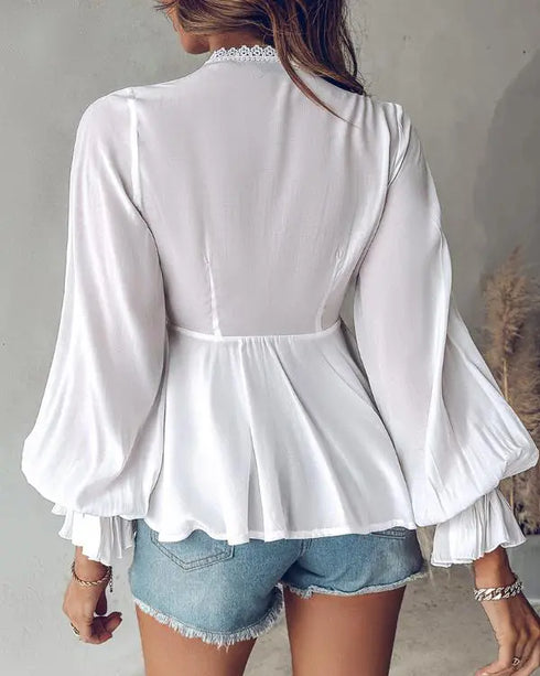 Ombre Cold Shoulder Lantern Sleeve Frill Ruffle Hem Blouse Top white