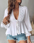 Floral Placement Print Deep V-Neck Contrast Lace Lantern Sleeve Flare Cuffs Blouse Casual Bow Tie Front Ruffle Hem Loose Top white