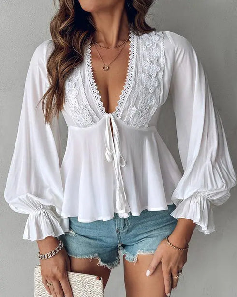 Floral Placement Print Deep V-Neck Contrast Lace Lantern Sleeve Flare Cuffs Blouse Casual Bow Tie Front Ruffle Hem Loose Top white