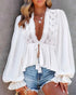 Floral Print Deep V-Neck Contrast Lace Flare Sleeve Bow Tie Front Blouse Casual Ruffle Hem Loose Top white