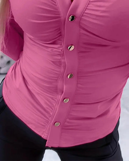 Long Sleeve Button Down Shirt Collar Neck Ruched Fitted Top hot pink