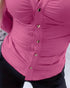Long Sleeve Button Down Shirt Collar Neck Ruched Fitted Top hot pink