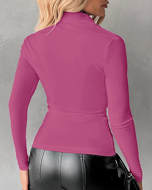 Long Sleeve Button Down Shirt Collar Neck Ruched Fitted Top hot pink