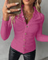 Long Sleeve Button Down Shirt Collar Neck Ruched Fitted Top hot pink