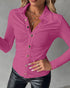 Long Sleeve Button Down Shirt Collar Neck Ruched Fitted Top hot pink