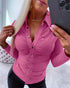 Long Sleeve Button Down Shirt Collar Neck Ruched Fitted Top hot pink