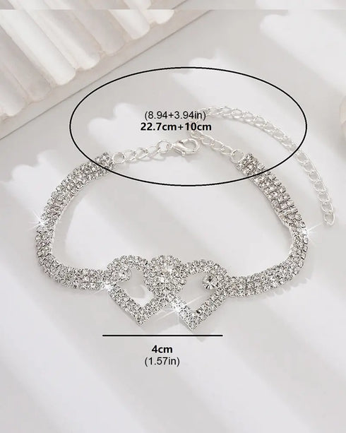 1pc Rhinestone Chain Double Heart Anklet silver
