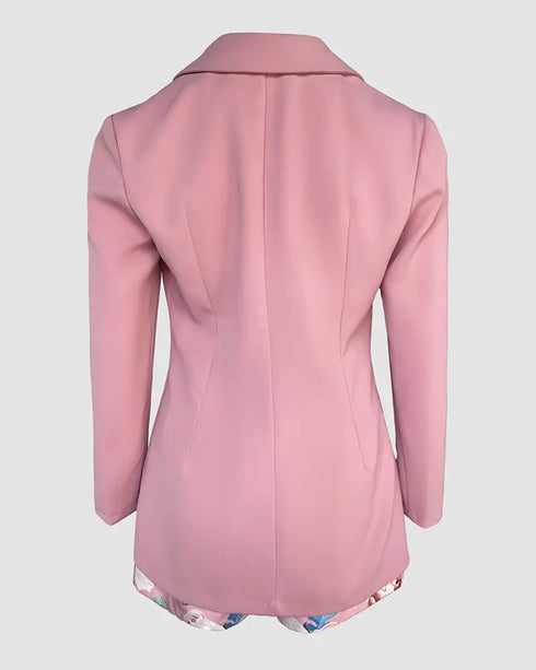 2 Pieces Outfits Notched Collar Long Sleeve Blazer Coat and Floral Print Zipper Fly Shorts Set With Belt pink