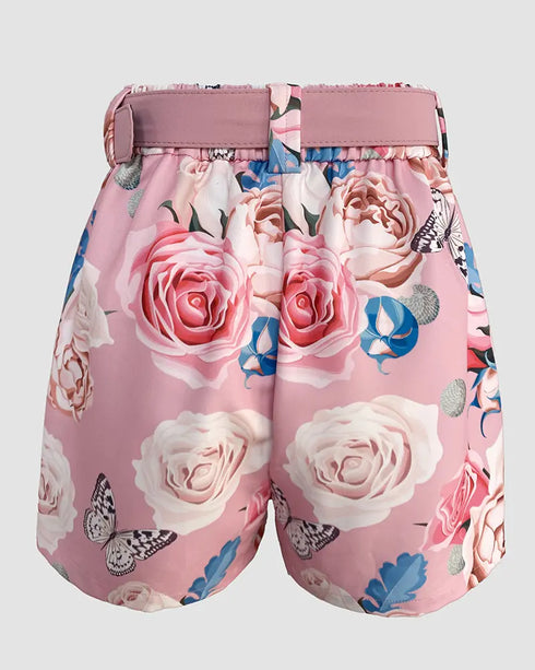 2 Pieces Outfits Notched Collar Long Sleeve Blazer Coat and Floral Print Zipper Fly Shorts Set With Belt pink