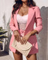 Long Sleeve Blazer & Rainbow Colorblock Shorts Set With Belt pink