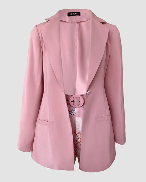 Long Sleeve Blazer & Rainbow Colorblock Shorts Set With Belt pink