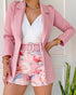 2 Pieces Outfits Notched Collar Long Sleeve Blazer Coat and Floral Print Zipper Fly Shorts Set With Belt pink