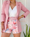 Long Sleeve Blazer & Rainbow Colorblock Shorts Set With Belt pink
