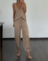 2 Pieces Outfit Sleeveless Scoop Neck Tank and Casual Button Decor Wide Leg Pants Lounge Set khaki