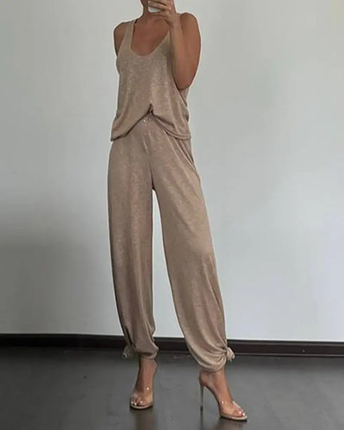 2 Pieces Outfit Sleeveless Scoop Neck Tank and Casual Button Decor Wide Leg Pants Lounge Set khaki