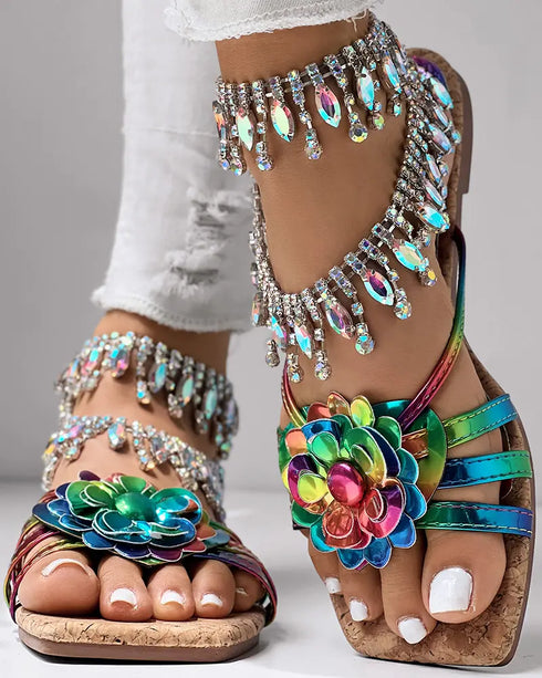 Ombre Floral Pattern Square Toe Slippers Multicolor