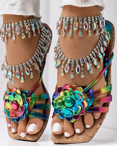 Ombre Floral Pattern Square Toe Slippers Multicolor