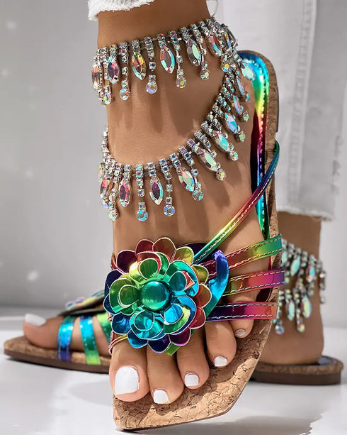 Ombre Floral Pattern Square Toe Slippers Multicolor