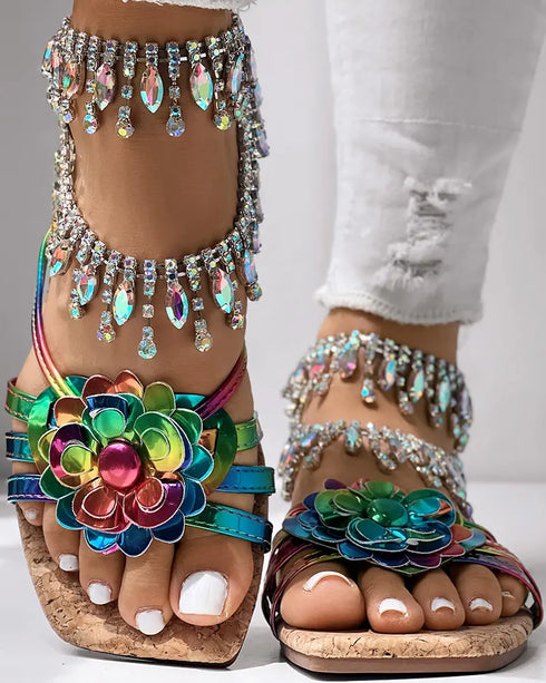 Ombre Floral Pattern Square Toe Slippers Multicolor