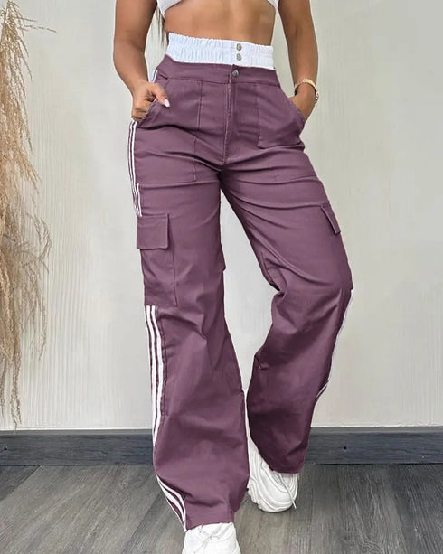 Contrast Side Striped Zipper Fly Stretchy High Waist Pants Flap Pockets Design Double Waistband Cargo Pants dark purple