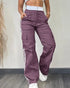 Contrast Side Striped Zipper Fly Stretchy High Waist Pants Flap Pockets Design Double Waistband Cargo Pants dark purple