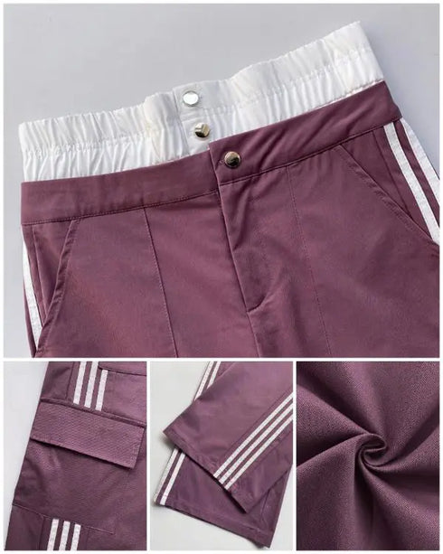Contrast Side Striped Zipper Fly Stretchy High Waist Pants Flap Pockets Design Double Waistband Cargo Pants dark purple