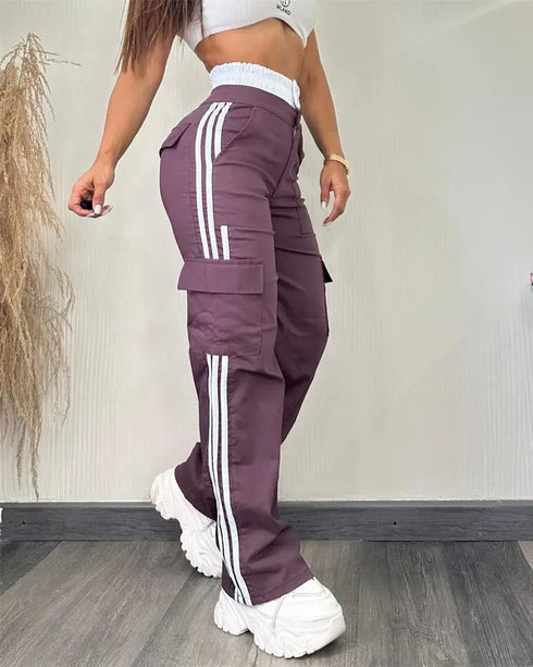 Contrast Side Striped Zipper Fly Stretchy High Waist Pants Flap Pockets Design Double Waistband Cargo Pants dark purple