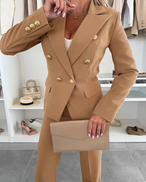 2 Pieces Outfit Metal Ring Decor Notched Collar Cinched Waist Wrap Front Coat and Zipper Fly Elastic Back Waist Pants Set Casual Blazer Set khaki