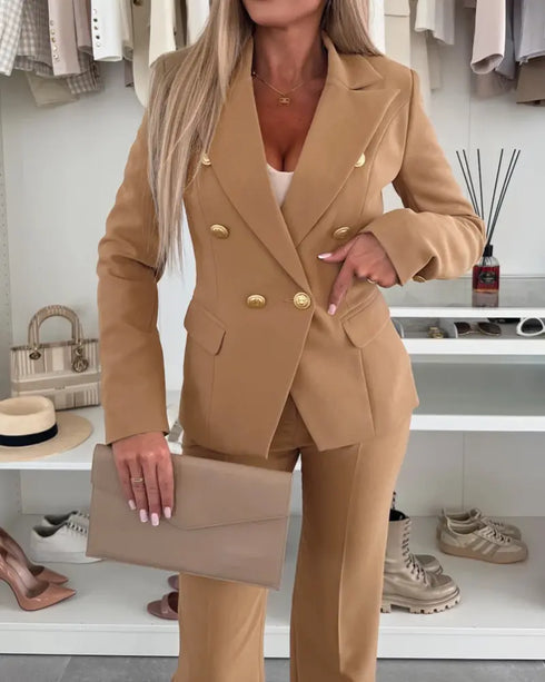 2 Pieces Outfit Notched Collar Double-Breasted Flap Detail Coat and Zipper Fly Elastic Back Waist Slim Fit Flared Pants Set Casual Blazer Set khaki