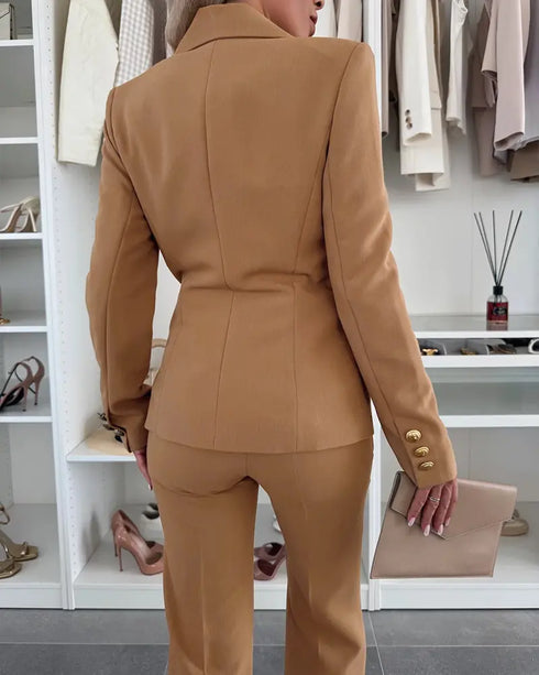 2 Pieces Outfit Metal Ring Decor Notched Collar Cinched Waist Wrap Front Coat and Zipper Fly Elastic Back Waist Pants Set Casual Blazer Set khaki