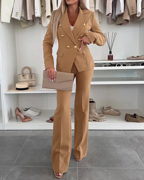 2 Pieces Outfit Metal Ring Decor Notched Collar Cinched Waist Wrap Front Coat and Zipper Fly Elastic Back Waist Pants Set Casual Blazer Set khaki