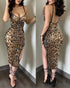 Colorful Sequin Floral Jacquard Pattern Bodycon Dress Backless Slit Party Club Slip Dress Leopard